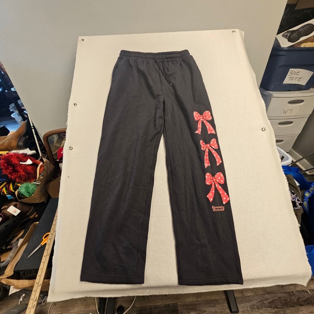 Strawberry Shortcake Bow Graphic Sweatpants Black Wide Leg Lounge Pants Large